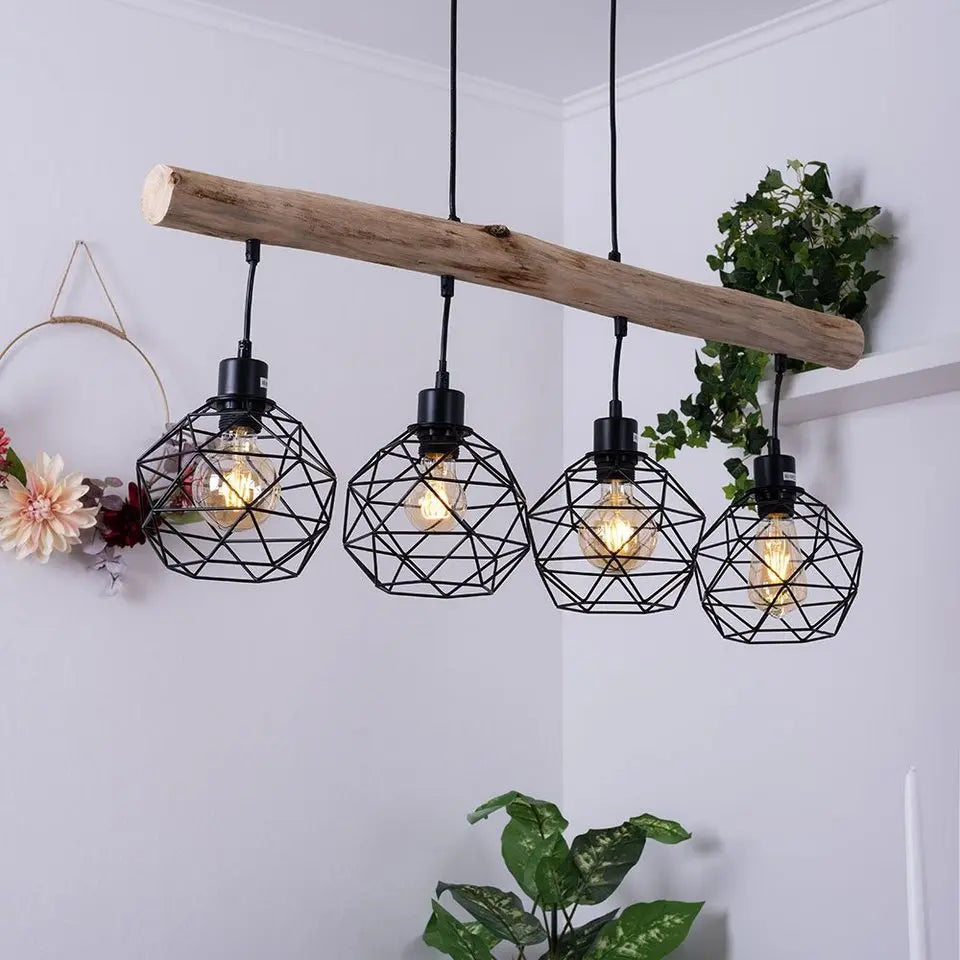 GLOBO LIGHTING Pendelleuchte, Retro-Stil, 4-fach E27, Holz und Metall, 85 cm