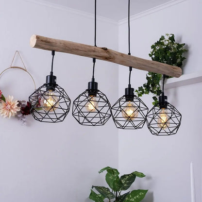 GLOBO LIGHTING Pendelleuchte, Retro-Stil, 4-fach E27, Holz und Metall, 85 cm